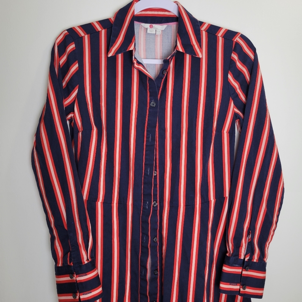 Boden Navy and Coral Stripe Midi Shirt Dress - Picture 3 of 9
